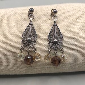 Vintage sterling silver 925 filigree dangle elegant sparkling statement earrings